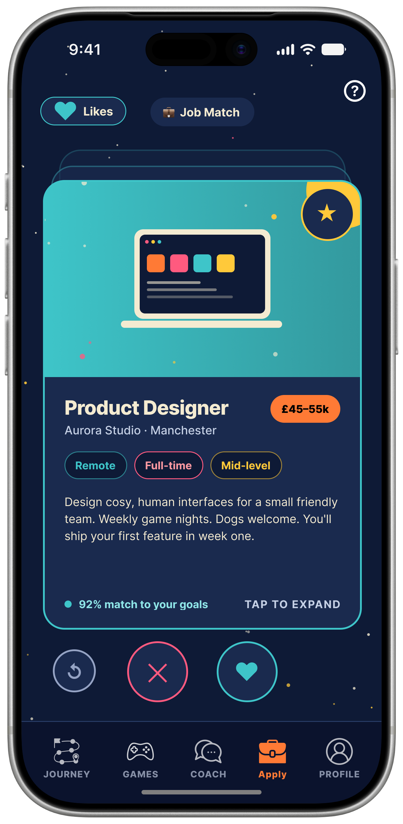 Opportunity Board swipe screen showing a Product Designer role with a 92% match to the user's goals
